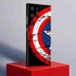 Captain America distressed red white and blue shield mobile skin, red podium angle
