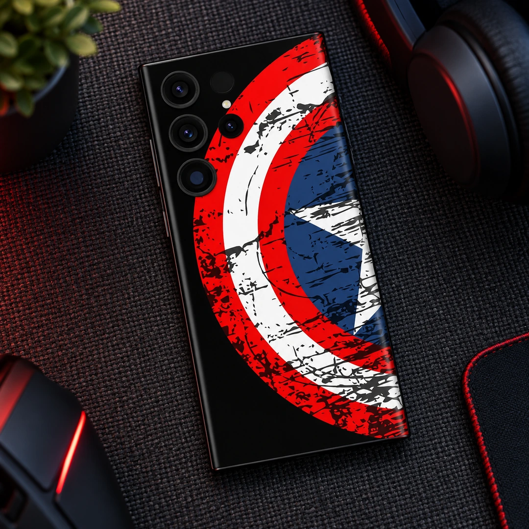 Captain America Shield Mobile Skin - Gaming Desk View Captain America distressed red white and blue shield mobile skin, gaming desk view