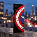 Captain America distressed red white and blue shield mobile skin, city evening view