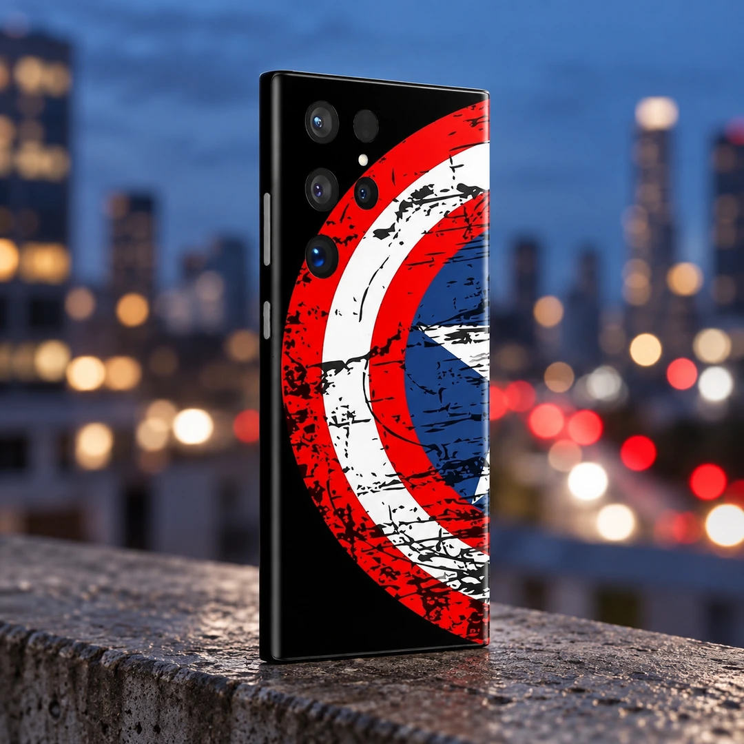 Captain America Shield Mobile Skin - City Evening View Captain America distressed red white and blue shield mobile skin, city evening view