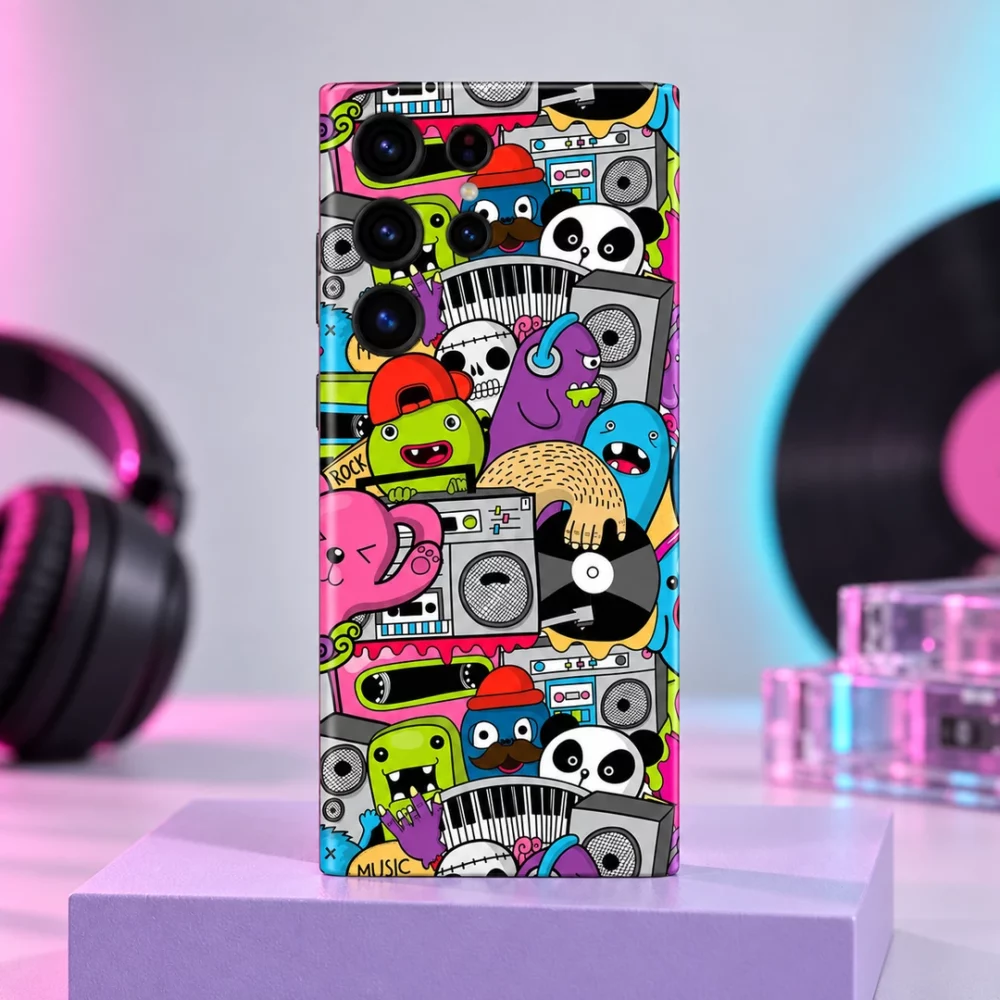 Cartoon Music Doodle Mobile Skin shown in pastel studio hero