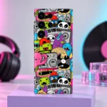 Cartoon Music Doodle Mobile Skin shown in pastel studio hero