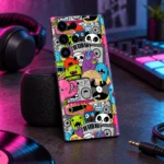 Cartoon Music Doodle Mobile Skin shown in music desk rear angle