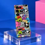 Cartoon Music Doodle Mobile Skin shown in acrylic studio detail