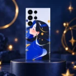 Celestial blue girl mobile skin with gold stars, midnight blue pedestal hero