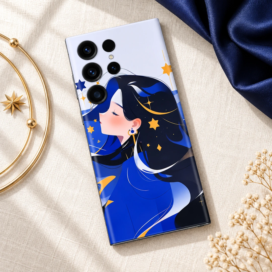Celestial Blue Girl Mobile Skin - ivory linen flat lay Celestial blue girl mobile skin with gold stars, ivory linen flat lay