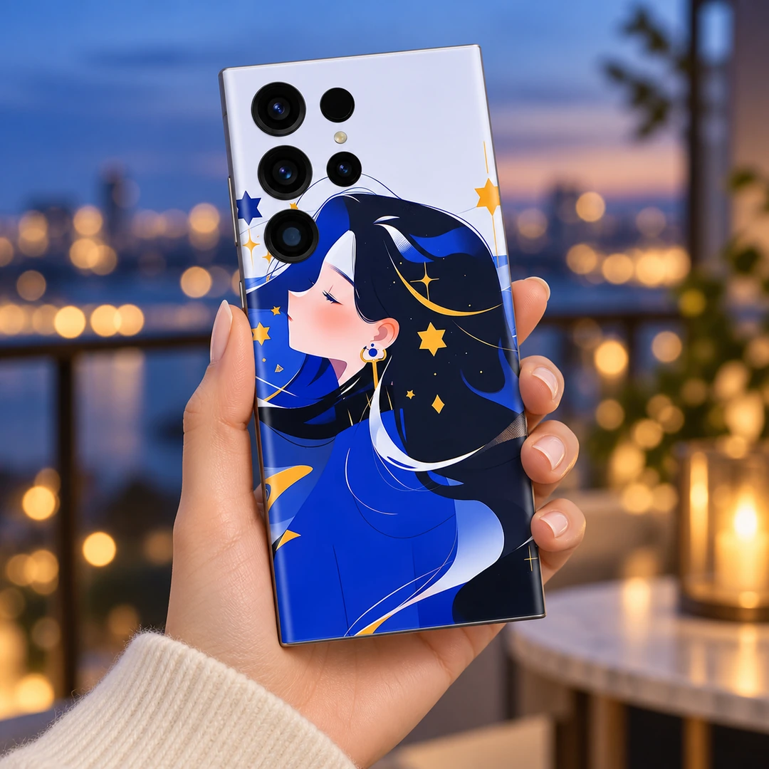 Celestial Blue Girl Mobile Skin - blue-hour handheld view Celestial blue girl mobile skin with gold stars, blue-hour handheld view