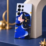 Celestial blue girl mobile skin with gold stars, stone arch angled view