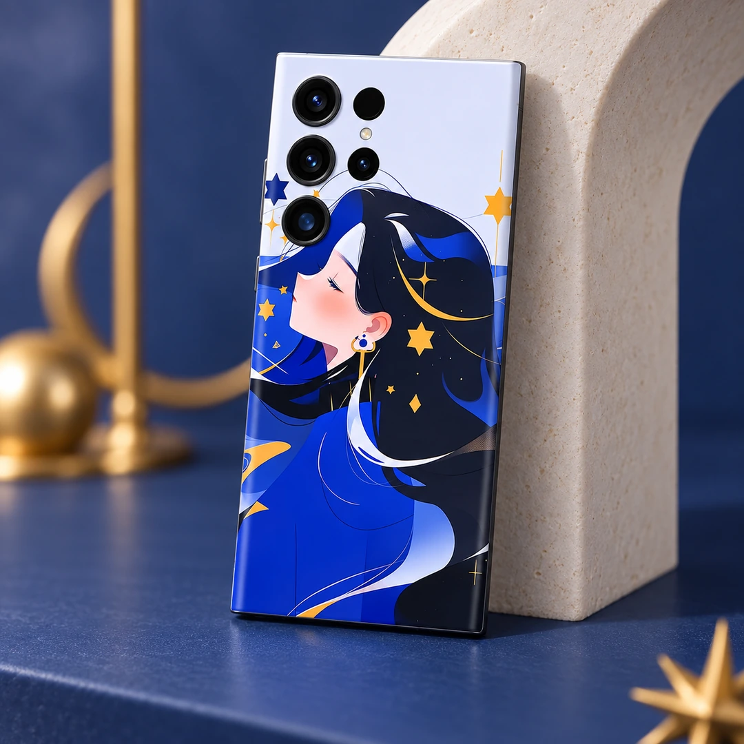 Celestial Blue Girl Mobile Skin - stone arch angled view Celestial blue girl mobile skin with gold stars, stone arch angled view