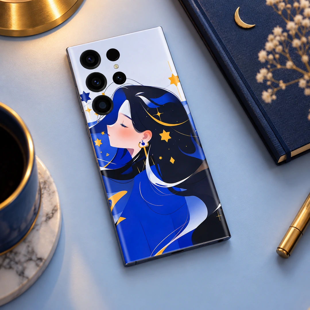 Celestial Blue Girl Mobile Skin - blue and gold desk view Celestial blue girl mobile skin with gold stars, blue and gold desk view
