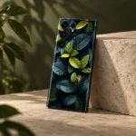 Cinematic Leaves mobile skin with teal and green foliage in angled botanical studio