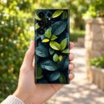 Cinematic Leaves mobile skin with teal and green foliage in garden lifestyle