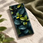 Cinematic Leaves mobile skin with teal and green foliage in stone detail