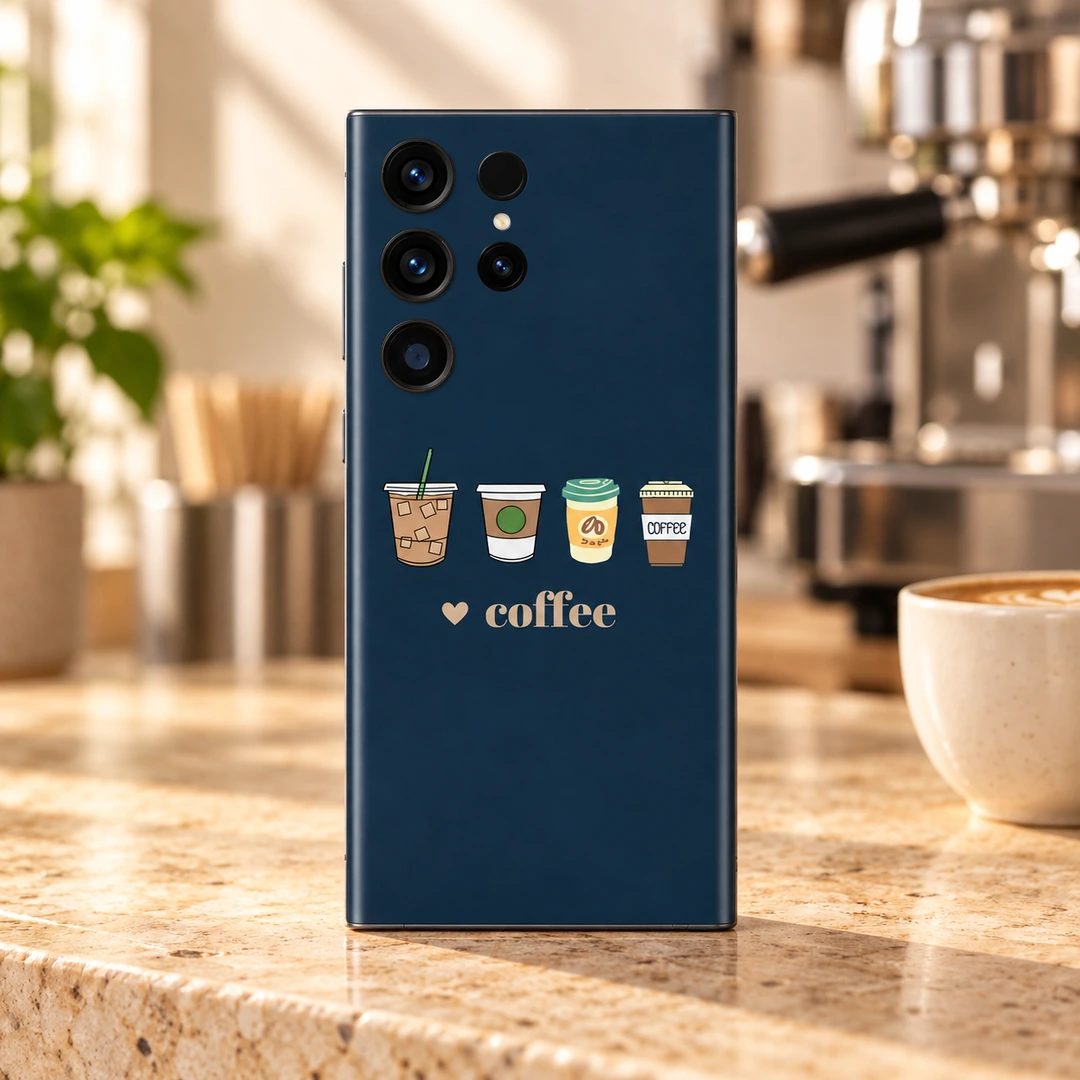 Coffee Lover Navy Mobile Skin - on a morning cafe counter Coffee Lover Navy Mobile Skin shown on a morning cafe counter
