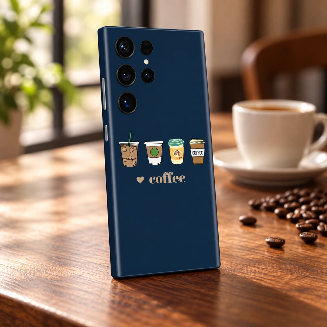 Coffee Lover Navy Mobile Skin - on a walnut cafe table Coffee Lover Navy Mobile Skin shown on a walnut cafe table