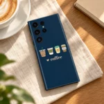 Coffee Lover Navy Mobile Skin shown in a coffee table flat lay