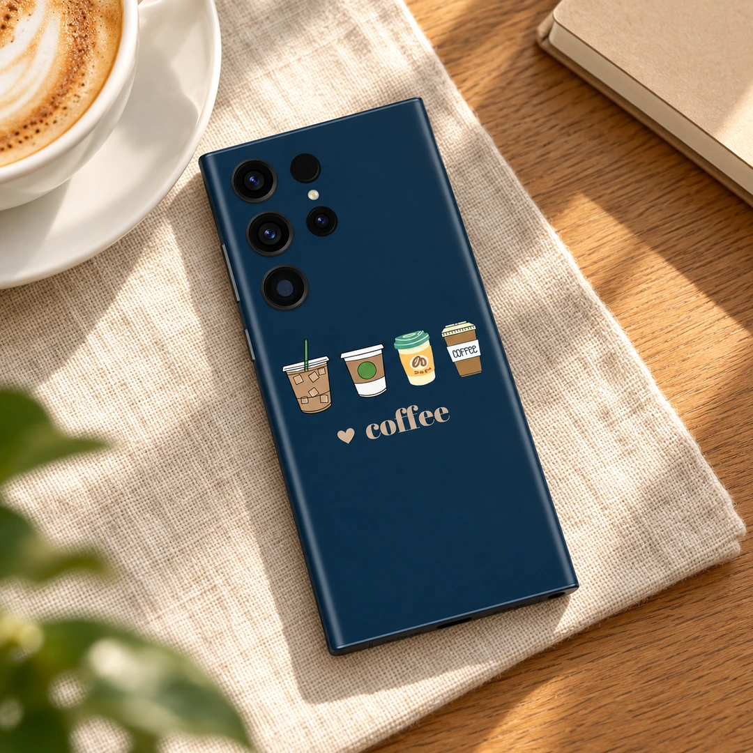 Coffee Lover Navy Mobile Skin - in a coffee table flat lay Coffee Lover Navy Mobile Skin shown in a coffee table flat lay
