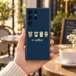 Coffee Lover Navy Mobile Skin shown in hand at a cafe terrace