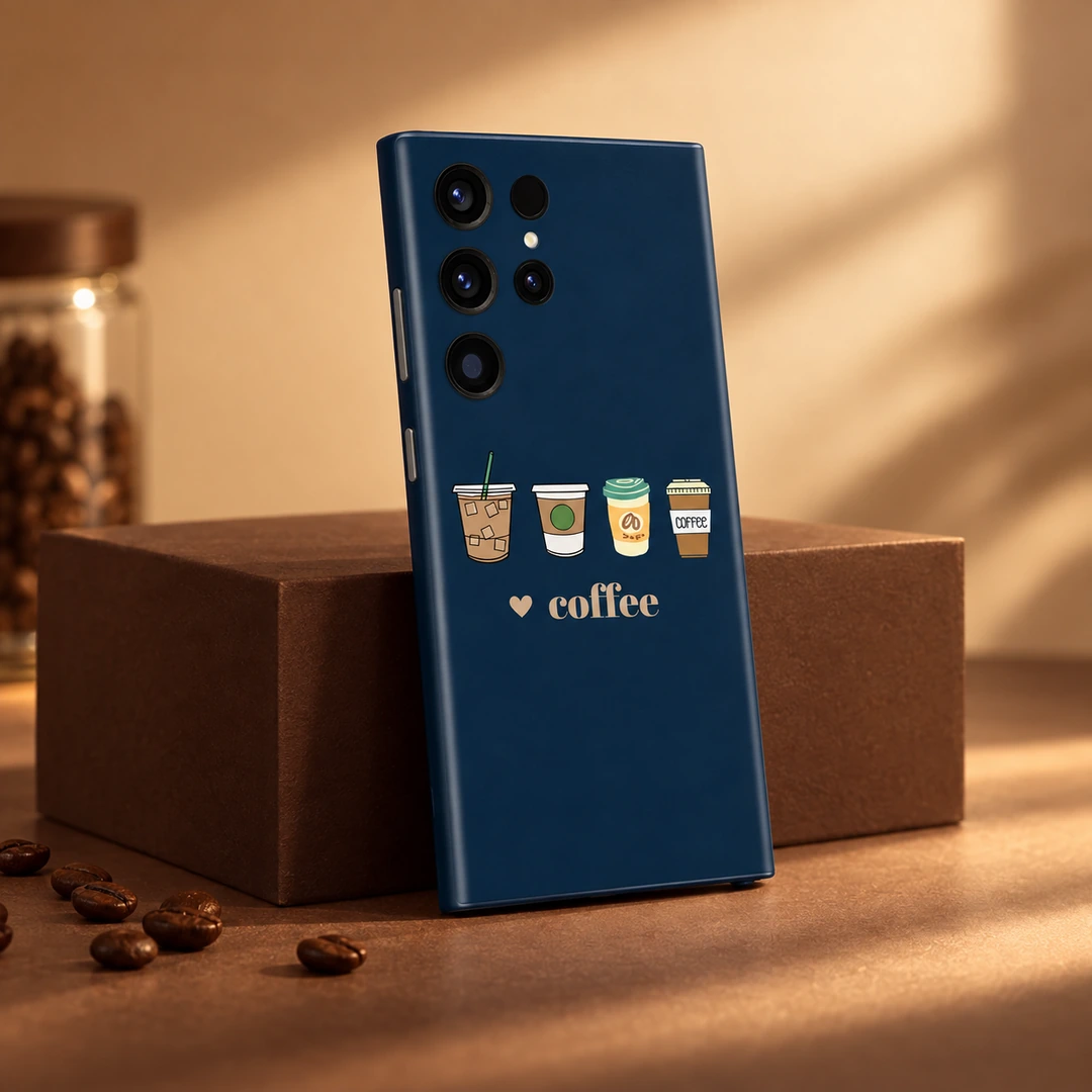 Coffee Lover Navy Mobile Skin - in a caramel studio setting Coffee Lover Navy Mobile Skin shown in a caramel studio setting