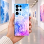 Colorful Art phone skin held in a bright art gallery