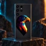 Colorful Geometric Eagle Mobile Skin upright on basalt with cyan and amber lighting