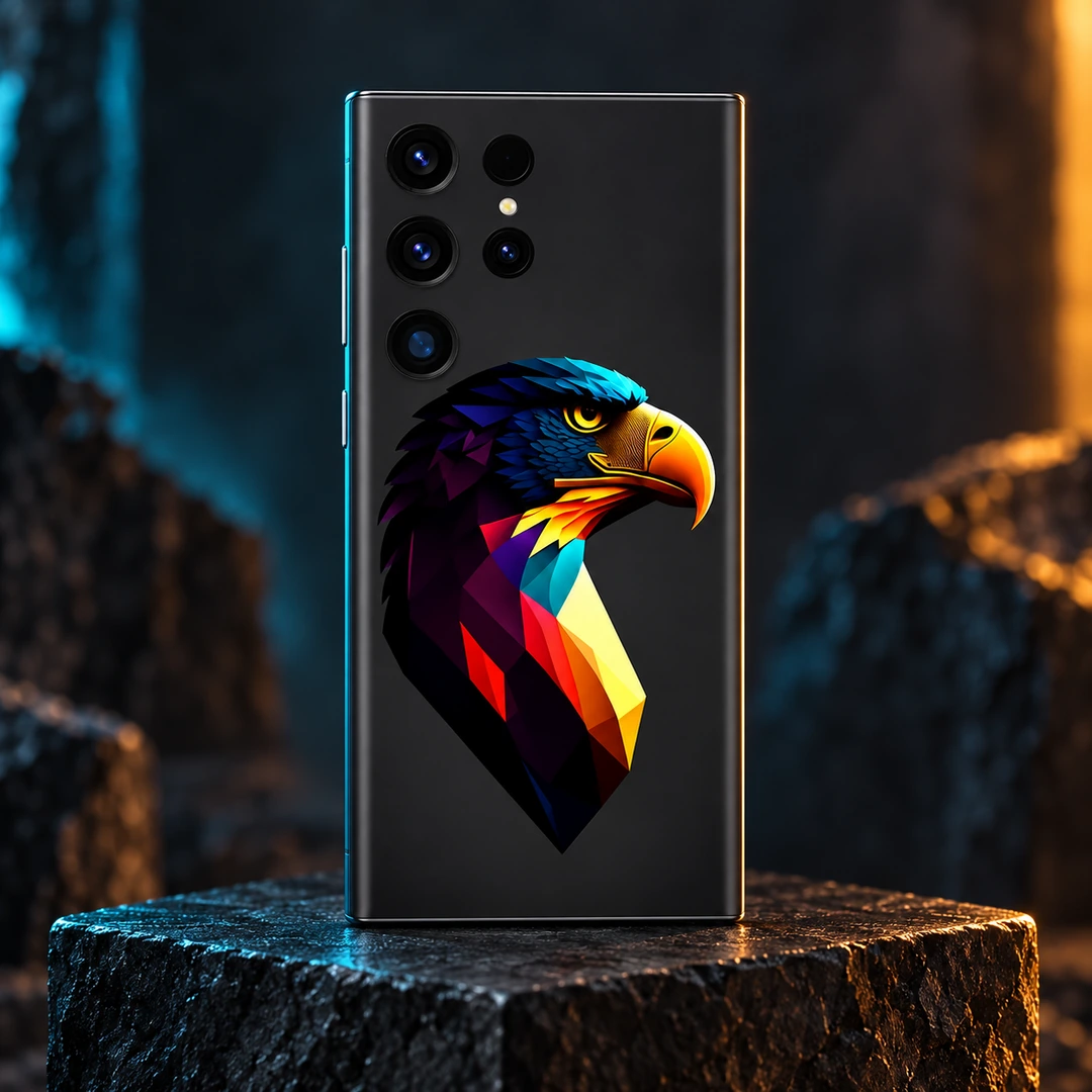Colorful Geometric Eagle Mobile Skin - Studio Hero Colorful Geometric Eagle Mobile Skin upright on basalt with cyan and amber lighting