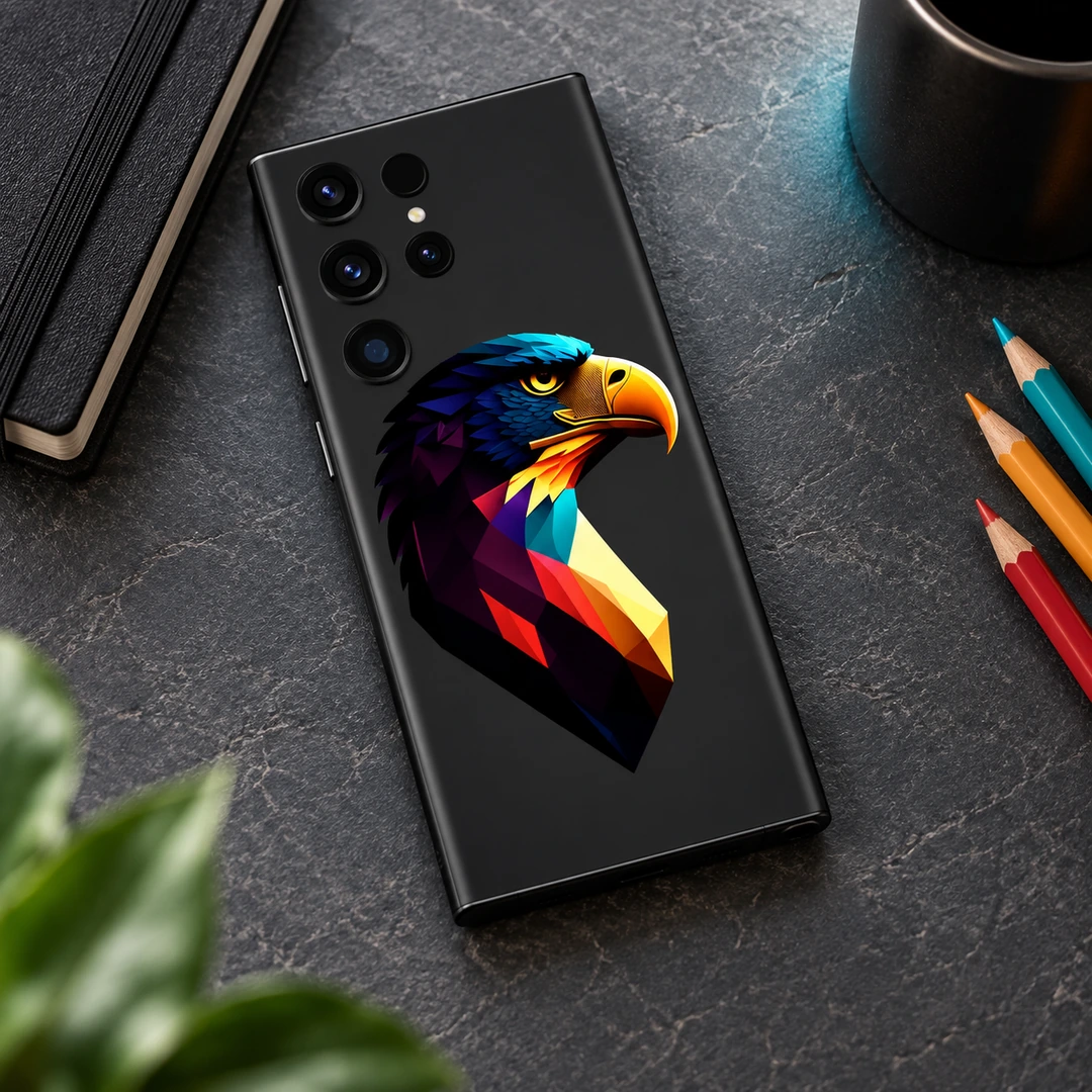 Colorful Geometric Eagle Mobile Skin - Creative Flat Lay Colorful Geometric Eagle Mobile Skin lying on a slate desk beside colored pencils