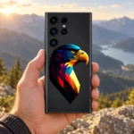Colorful Geometric Eagle Mobile Skin held against a mountain backdrop
