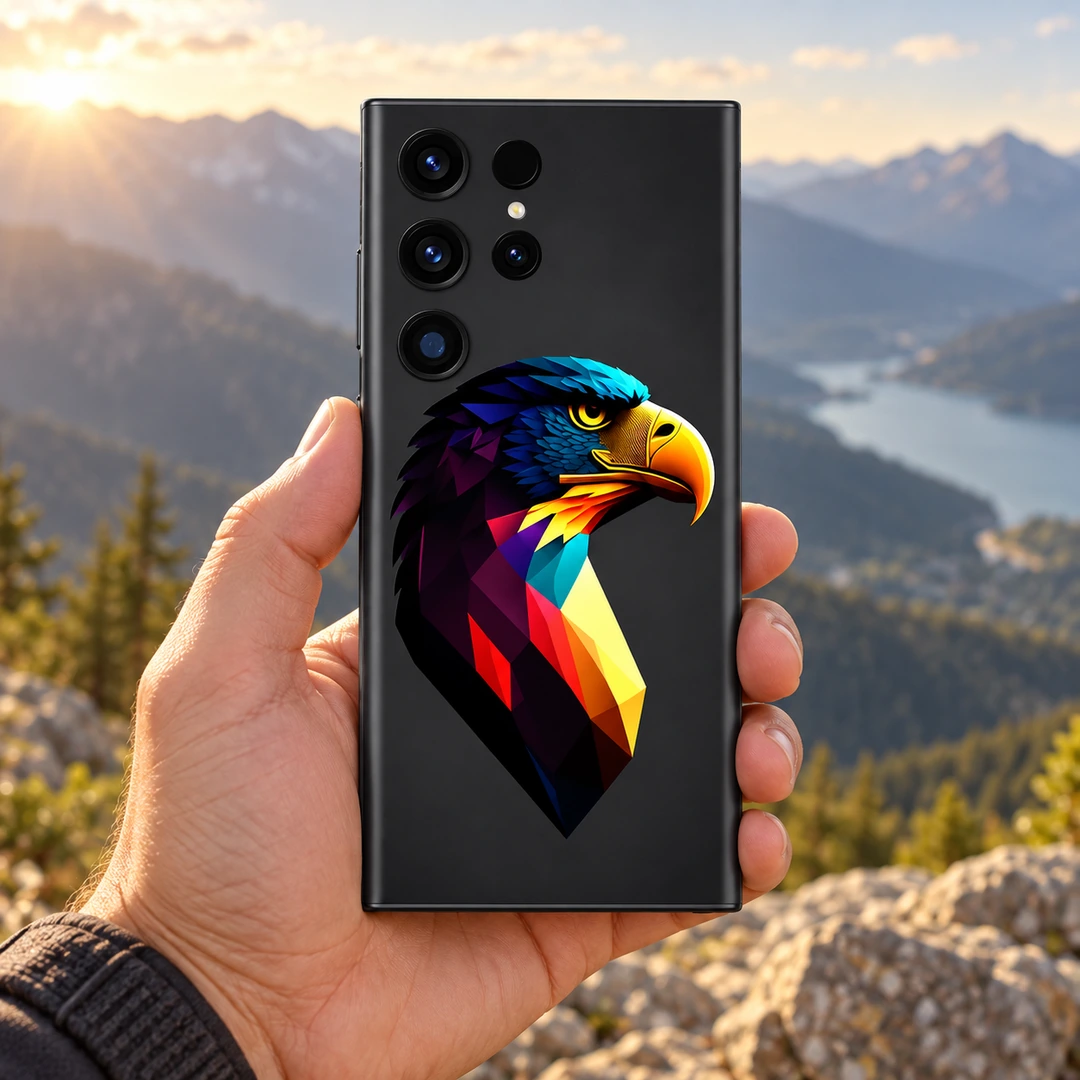 Colorful Geometric Eagle Mobile Skin - Handheld Outdoors Colorful Geometric Eagle Mobile Skin held against a mountain backdrop