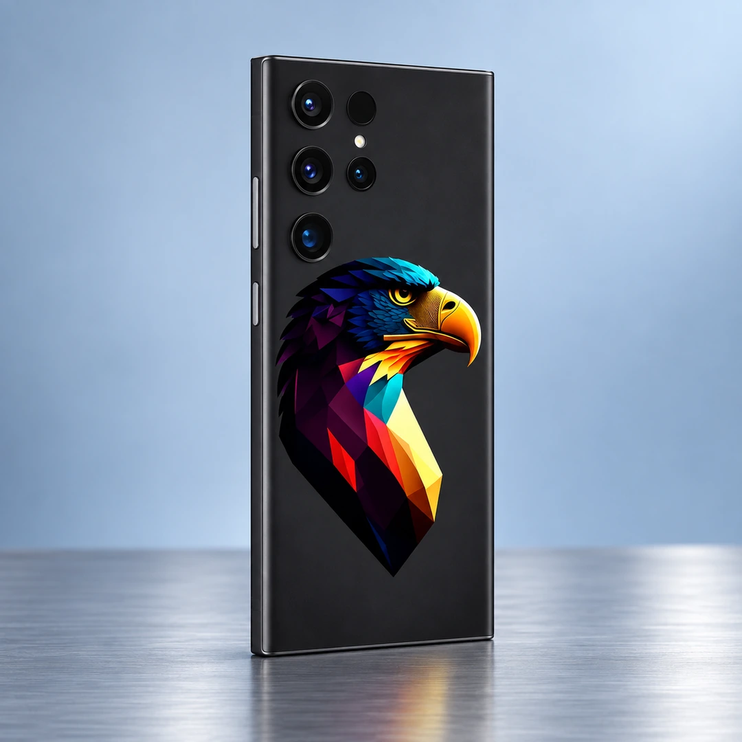 Colorful Geometric Eagle Mobile Skin - Angled Studio Colorful Geometric Eagle Mobile Skin at an angle in a pale blue studio