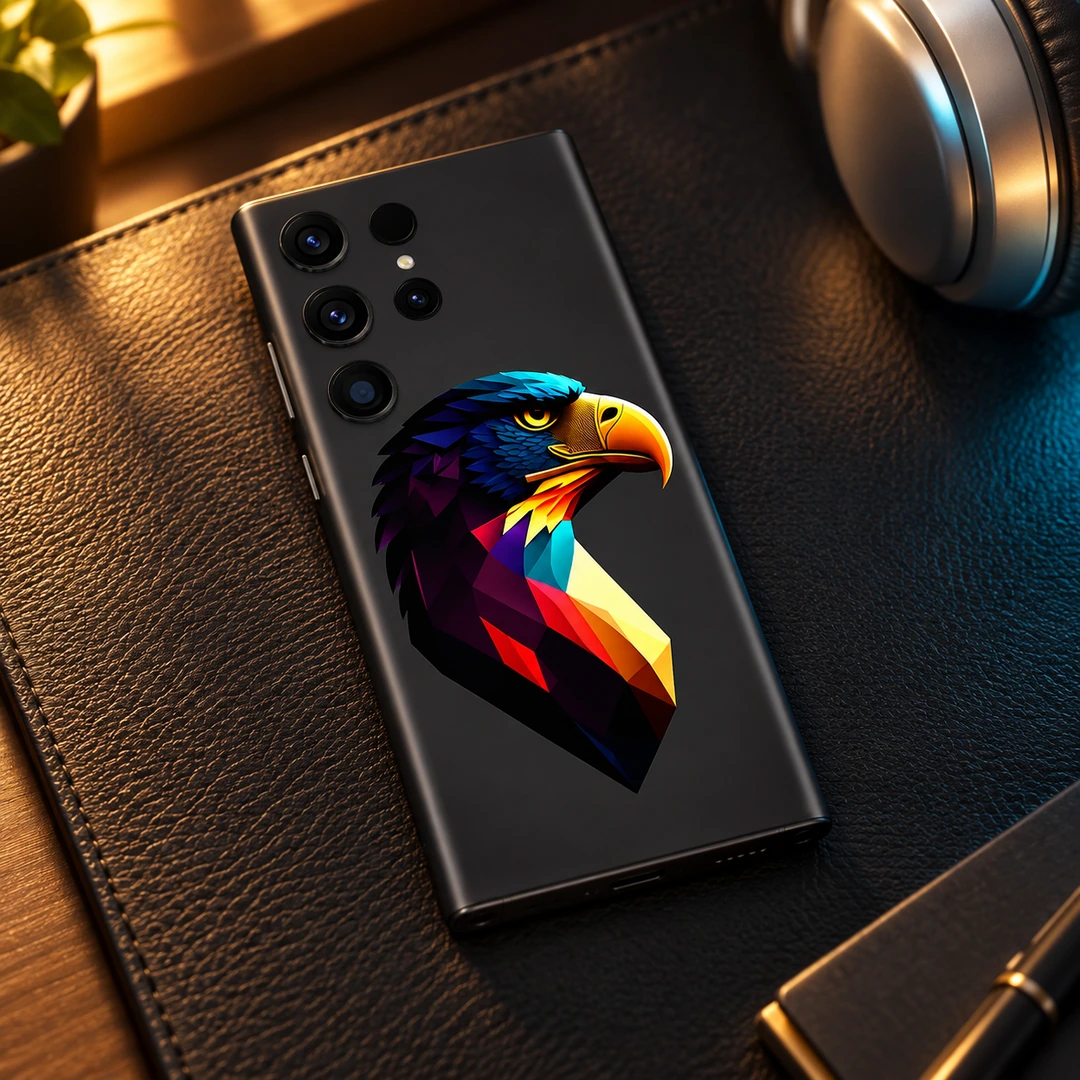 Colorful Geometric Eagle Mobile Skin - Desk Detail Colorful Geometric Eagle Mobile Skin lying on a black desk mat beside headphones