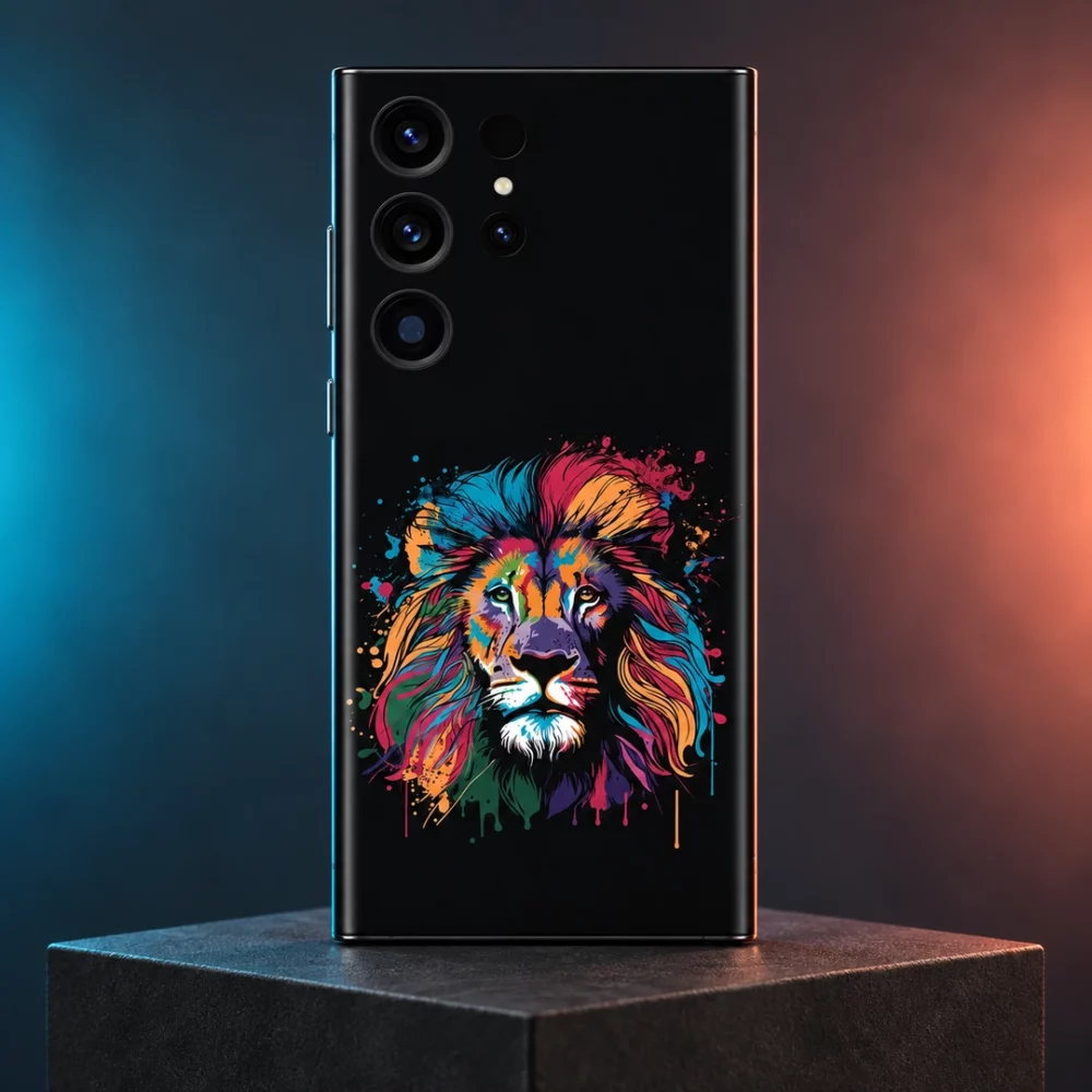 Colorful Lion Art Mobile Skin shown in a cyan and coral studio hero with the multicolor lion on black