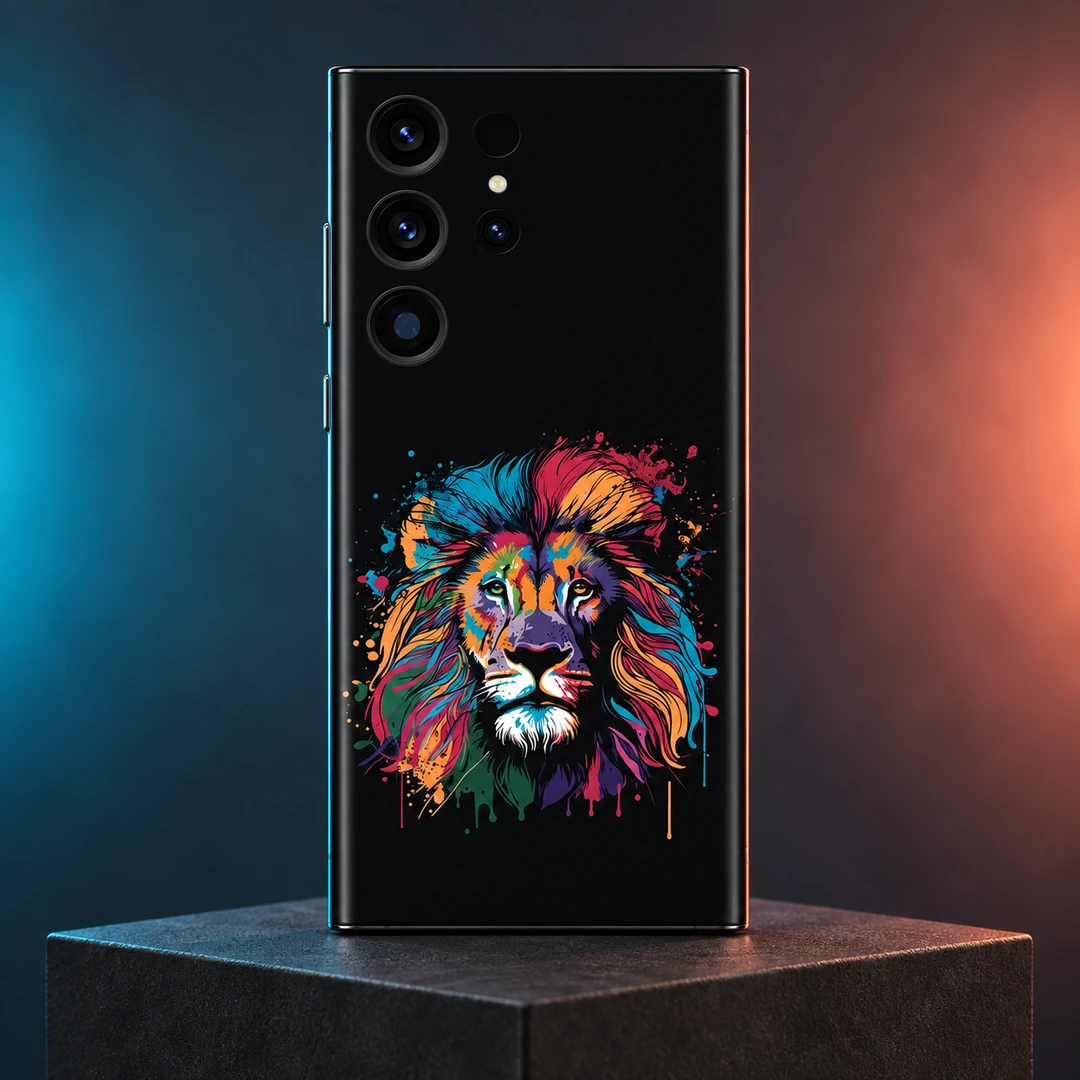 Colorful Lion Art Mobile Skin – Cyan and coral studio hero Colorful Lion Art Mobile Skin shown in a cyan and coral studio hero with the multicolor lion on black
