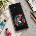 Colorful Lion Art Mobile Skin shown in a artist desk flat lay with the multicolor lion on black