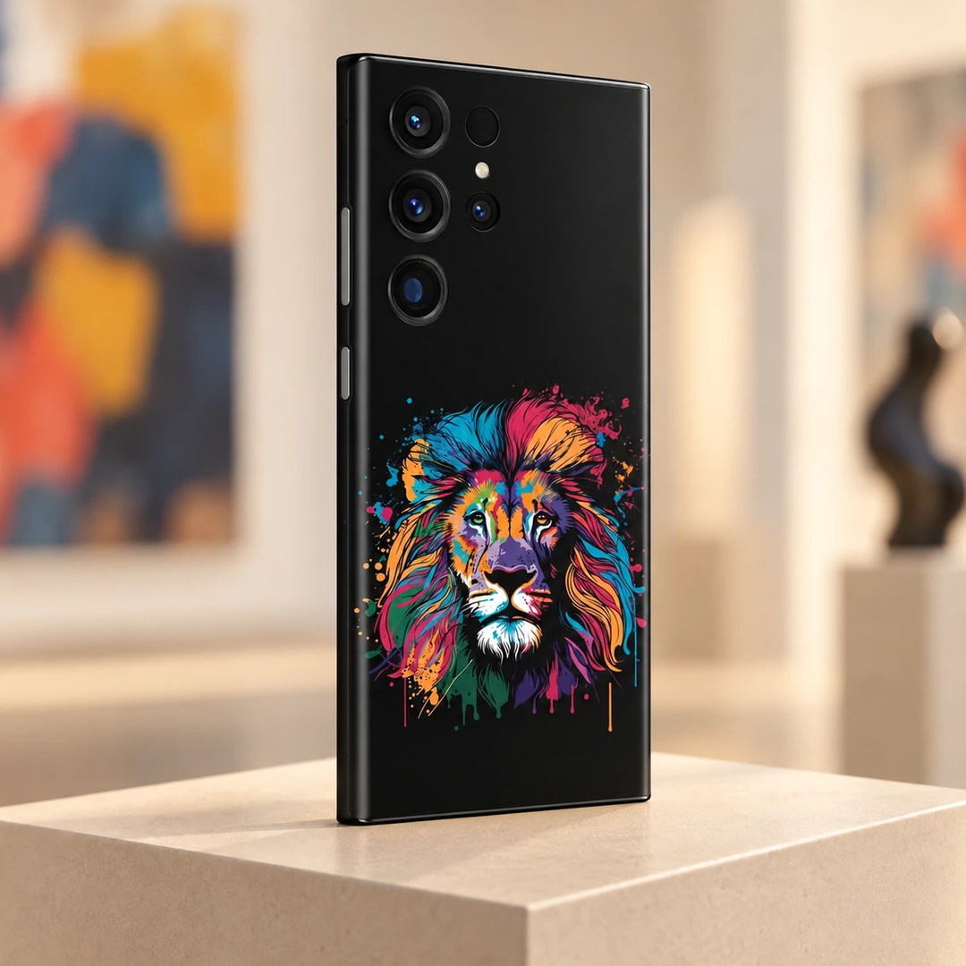 Colorful Lion Art Mobile Skin – Gallery side angle Colorful Lion Art Mobile Skin shown in a gallery side angle with the multicolor lion on black