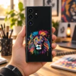 Colorful Lion Art Mobile Skin shown in a creative studio handheld with the multicolor lion on black