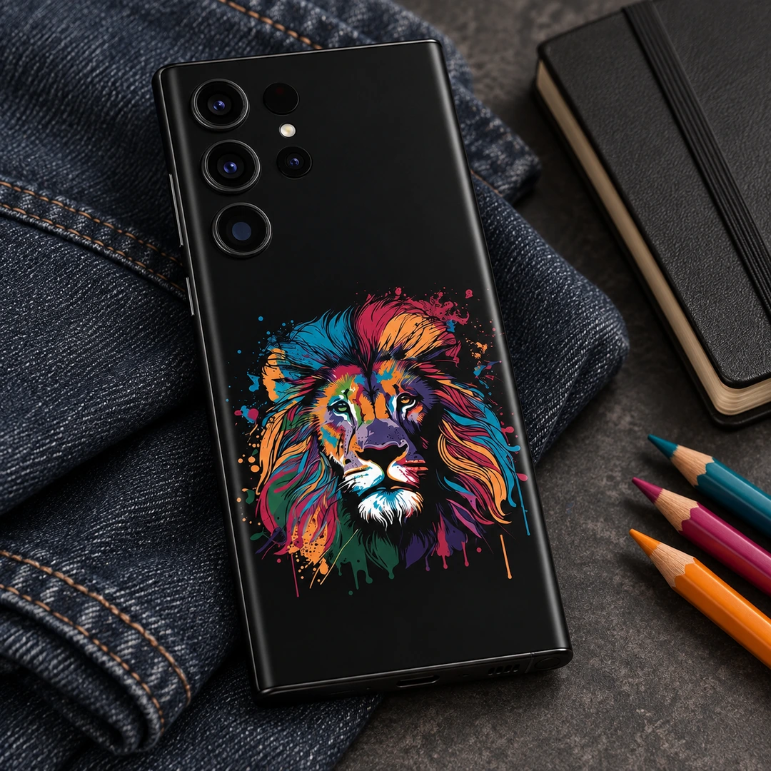 Colorful Lion Art Mobile Skin – Denim editorial view Colorful Lion Art Mobile Skin shown in a denim editorial view with the multicolor lion on black