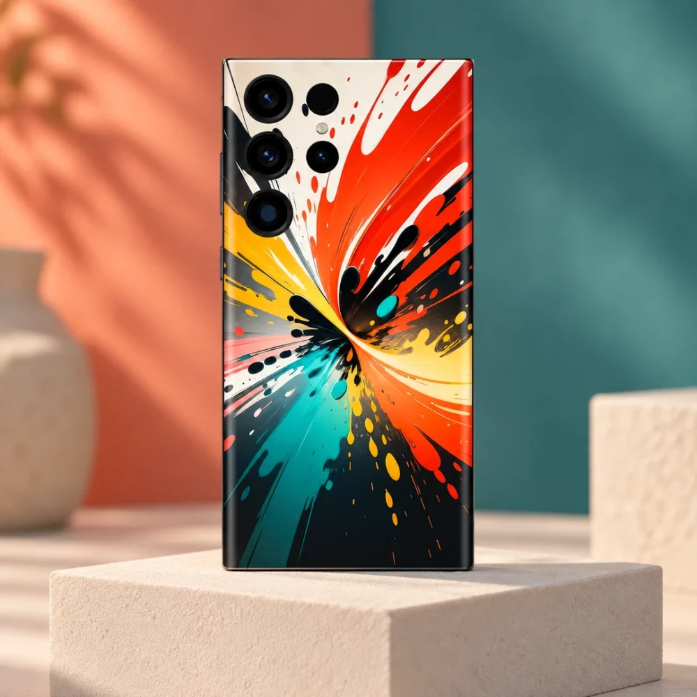 Colorful mobile skin with orange, yellow, teal and black paint splash artwork, artist studio hero