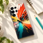 Colorful mobile skin with orange, yellow, teal and black paint splash artwork, creative desk flat lay