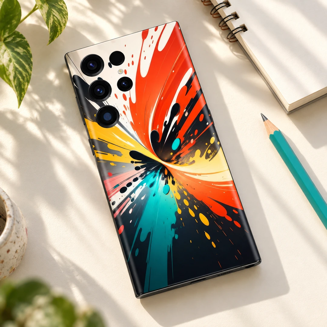 Colorful Paint Splash Mobile Skin - Creative Desk Flat Lay Colorful mobile skin with orange, yellow, teal and black paint splash artwork, creative desk flat lay