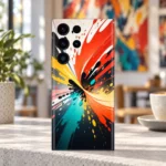 Colorful mobile skin with orange, yellow, teal and black paint splash artwork, gallery lifestyle