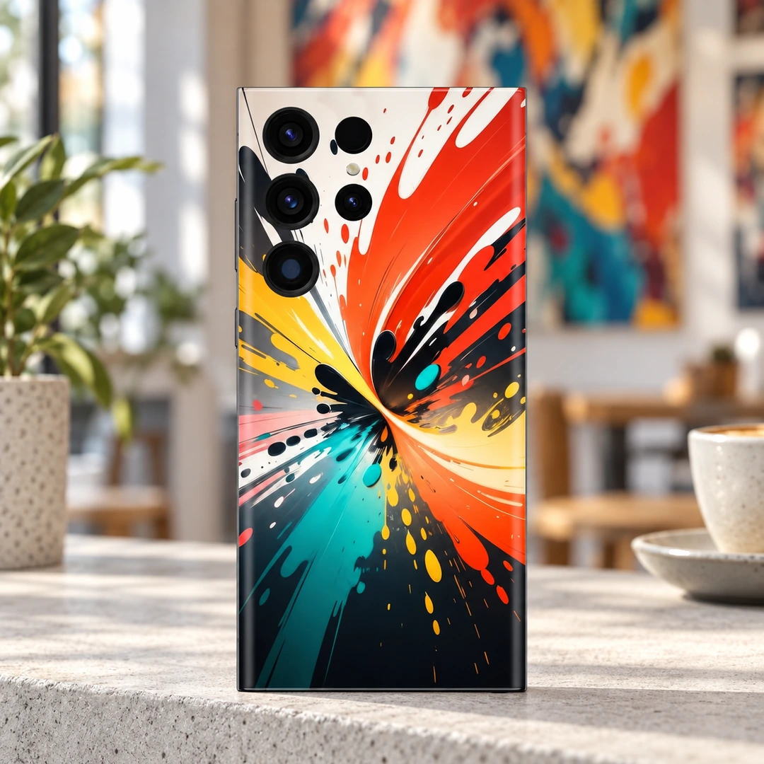 Colorful Paint Splash Mobile Skin - Gallery Lifestyle Colorful mobile skin with orange, yellow, teal and black paint splash artwork, gallery lifestyle