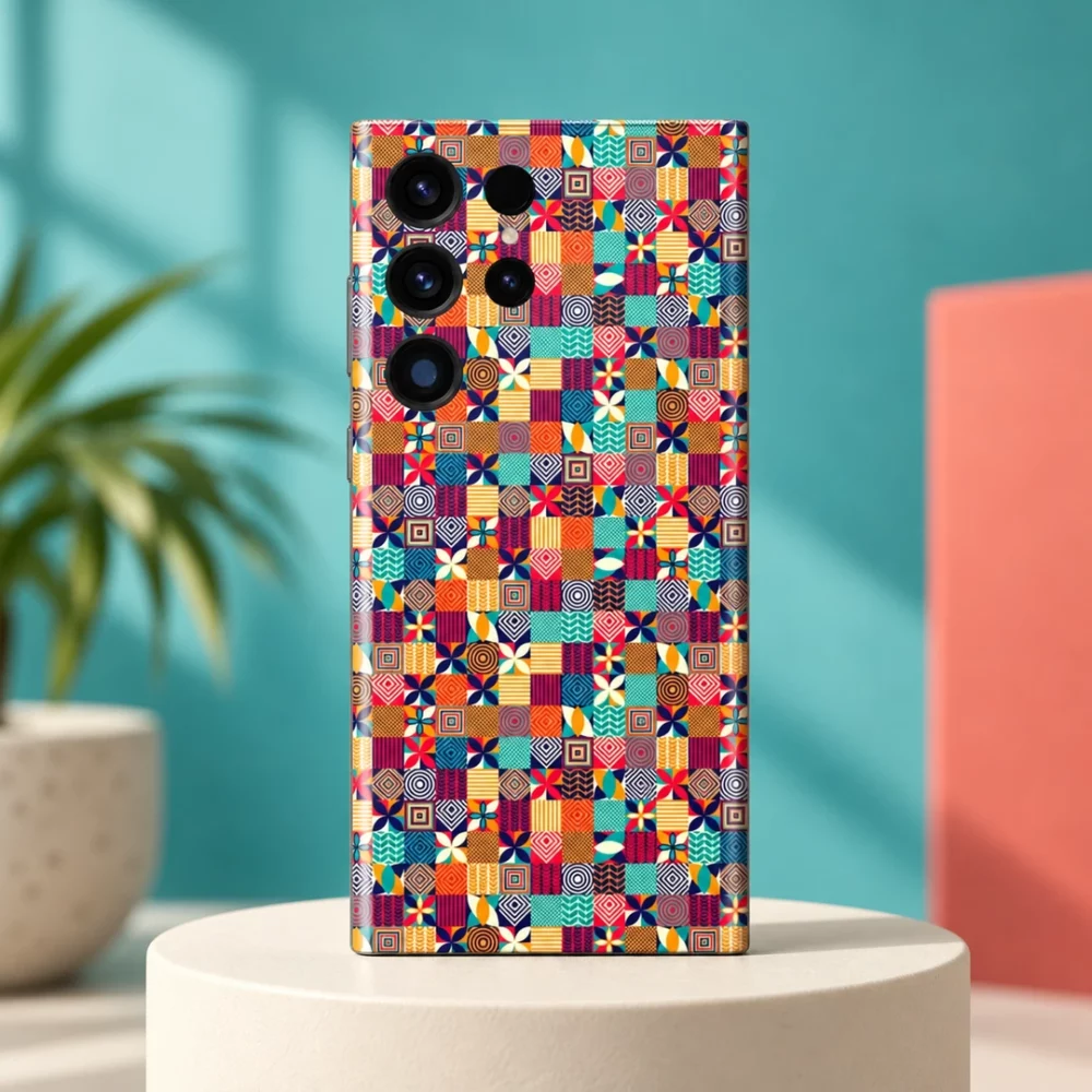 Colorful Pattern mobile skin with tiny multicolour geometric tiles on a cream plinth