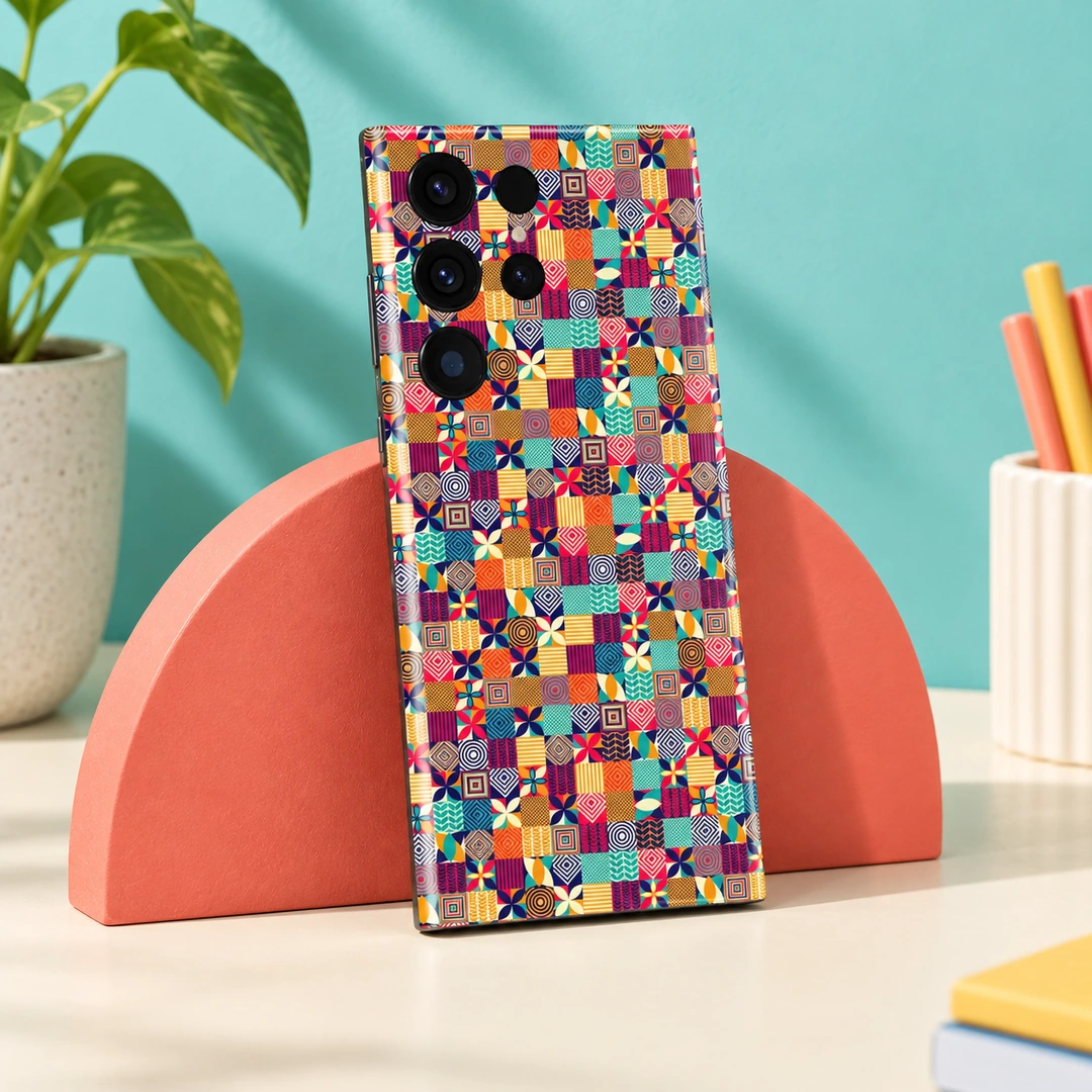 Colorful Pattern Mobile Skin - Coral Display Angle Angled Colorful Pattern phone skin against a coral display block