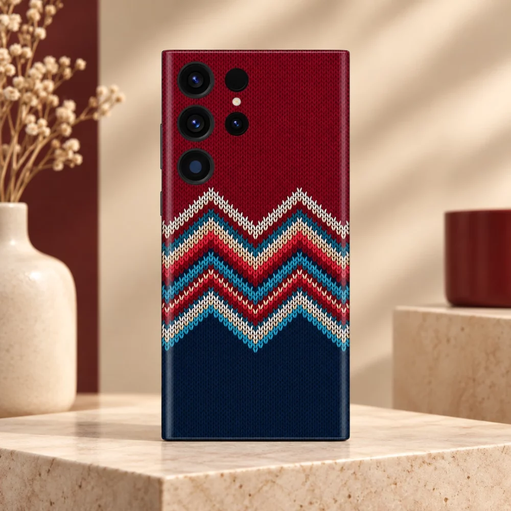 Colorful Zigzag Stitch Pattern Mobile Skin shown in warm studio hero