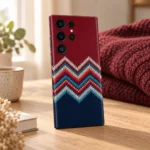 Colorful Zigzag Stitch Pattern Mobile Skin shown in cozy oak desk