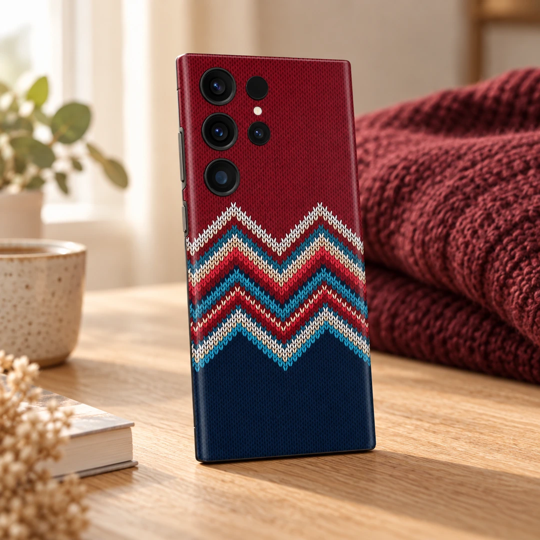 Colorful Zigzag Stitch Pattern Mobile Skin - Cozy Oak Desk Colorful Zigzag Stitch Pattern Mobile Skin shown in cozy oak desk