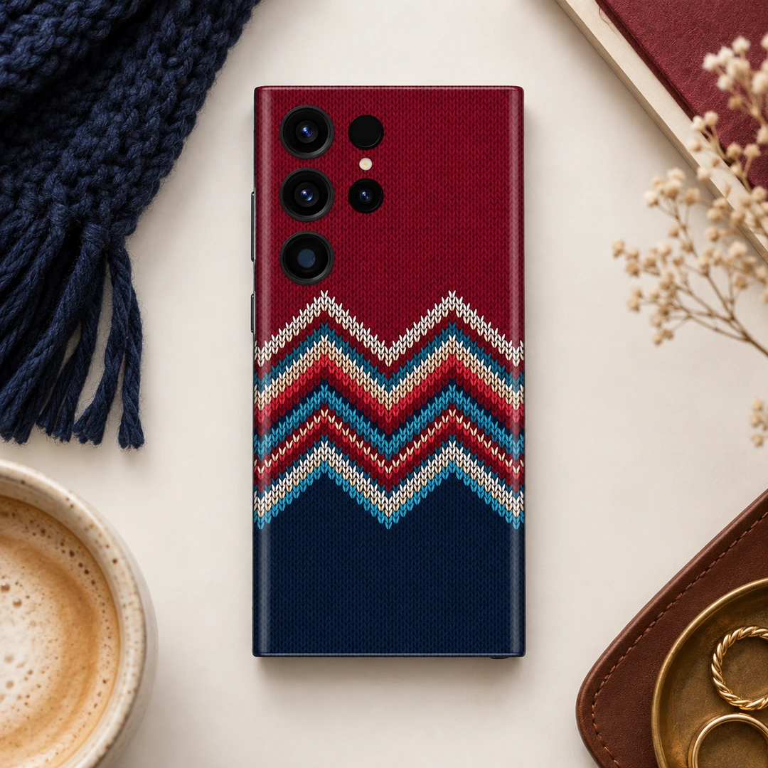 Colorful Zigzag Stitch Pattern Mobile Skin - Scarf Flat Lay Colorful Zigzag Stitch Pattern Mobile Skin shown in scarf flat lay