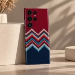 Colorful Zigzag Stitch Pattern Mobile Skin shown in sculptural studio angle