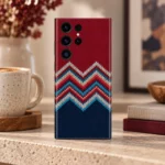 Colorful Zigzag Stitch Pattern Mobile Skin shown in warm shelf view